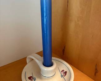 Hand-Painted Ceramic Candlestick Holder with Blue Candle