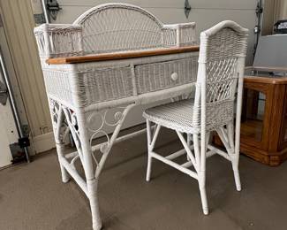Vintage White Wicker Vanity Desk and Chair Set