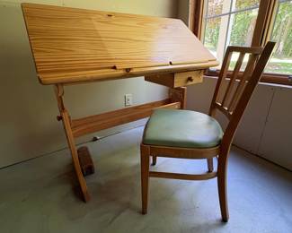 Vintage Pine Drafting Table and Chair Set