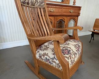 Oak Spindle Back Rocking Chair with Floral Upholstery - Mission Style