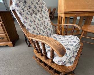 Oak Glider Rocker with Floral Upholstery and Ottoman