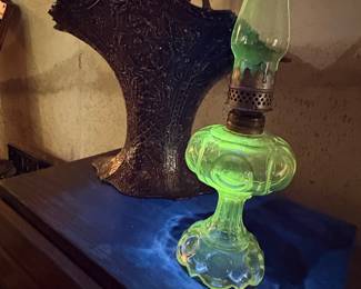 Victorian Uranium Glass Oil Lamp - Princess Feather Pattern