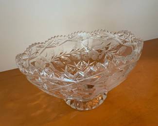 Cut Crystal Footed Bowl with Floral Etching and Sawtooth Rim