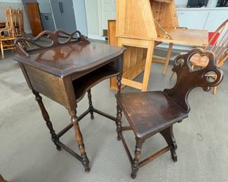 Antique Carved Walnut Writing Desk and Stool Set