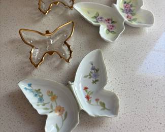 Set of 2 Glass and 2 Porcelain Butterfly Dishes