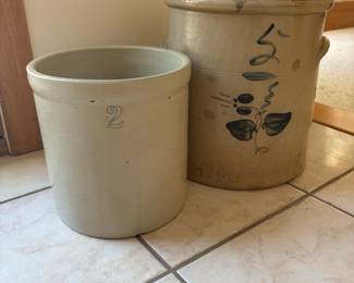 Antique Stoneware Crock with Blue Decoration and '2' Gallon Size