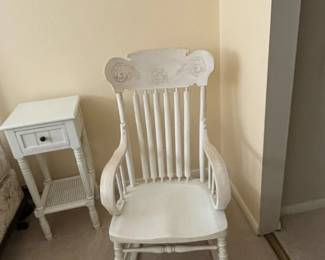 White Painted Spindle Rocking Chair with Carved Top