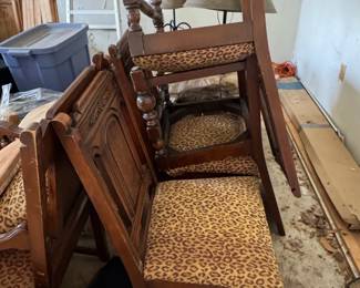Vintage Carved Walnut Dining Chairs with Leopard Print Upholstery