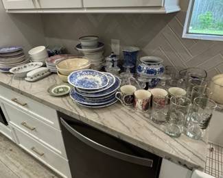 Spode Blue Italian Pattern China and Vintage Christmas Glasses