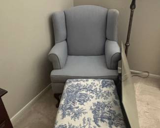 Wingback Armchair and Ottoman Set with Toile Fabric