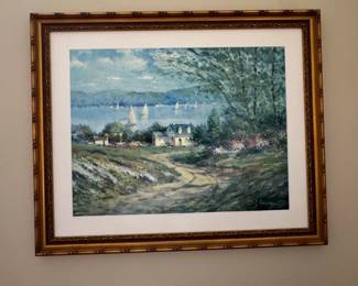 Seascape with Sailboats and House Painting by J. Soron