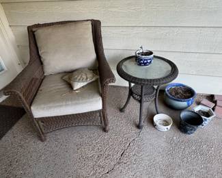 Wicker Patio Chair with Side Table and Planters