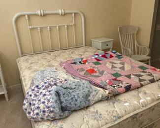 Vintage White Metal Bed Frame with Two Handmade Quilts