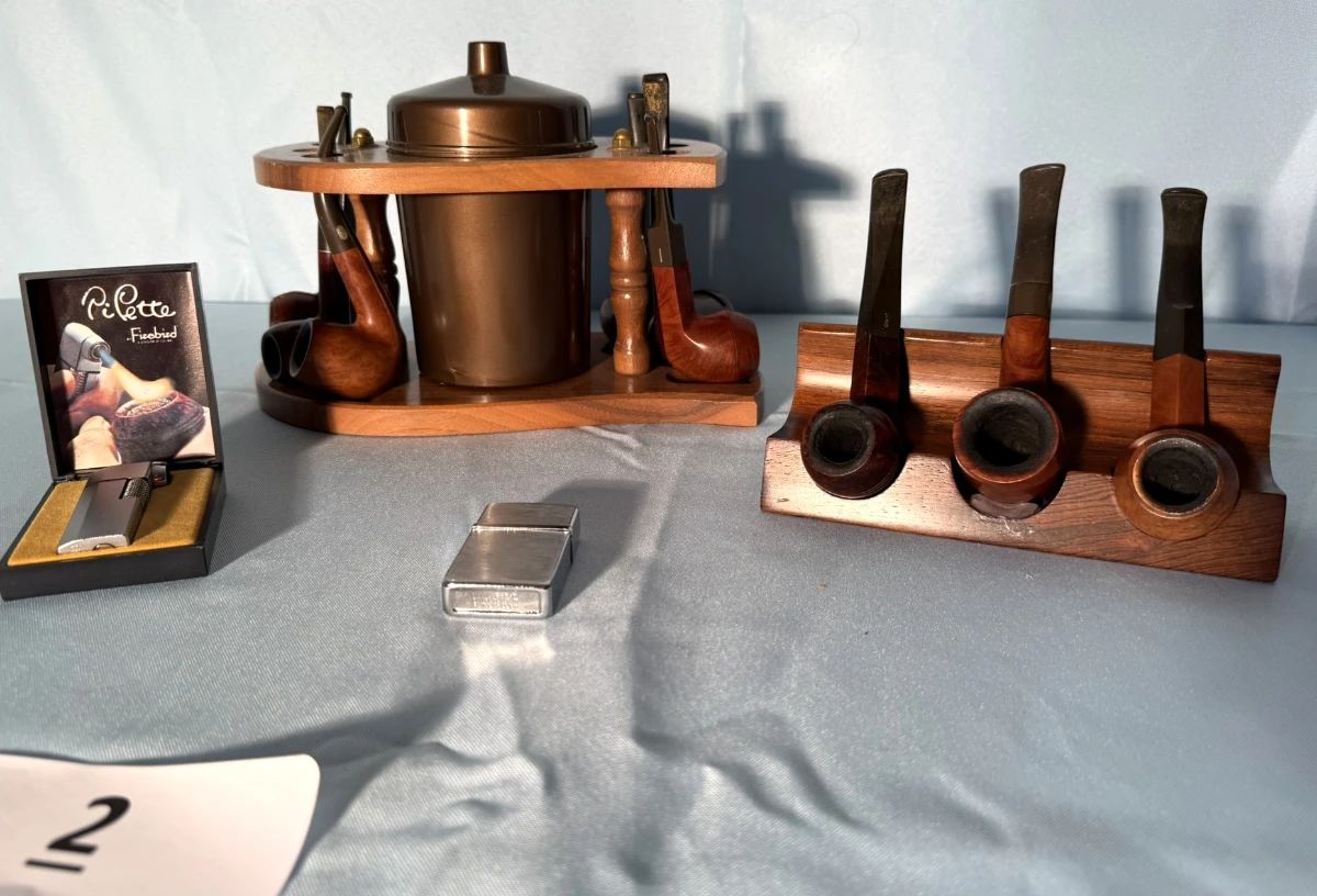Pipes, Pipe Stand Humidor, Matches, Lighter