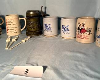 Gerz West Germany Ceramic Beer Stein with Green Glaze and Medieval Knights on Horseback; Rumph 1971 Ceramic Face Mug "The Hangover"; R/M Officer's Club Germany Oktoberfest 1966; General von Steuben Officer's Club Oktoberfest; Officers Open Mess Wheelus Air Base Oktoberfest 1967; Rules of This Tavern; Three Jack Daniel's Plastic Swizzle Sticks
