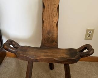 Vintage Carved Oak Birthing Stool with Velvet Cushion