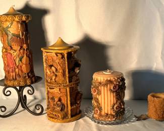 Two Johann Gunter Scenic Wax Candles; Ornately Carved Floral and Scroll Pillar Candle; Candle; Candle Range 3" - 13"