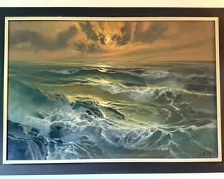 Depicts a Textured Scene of Ocean and Crashing into a Sandy Beach