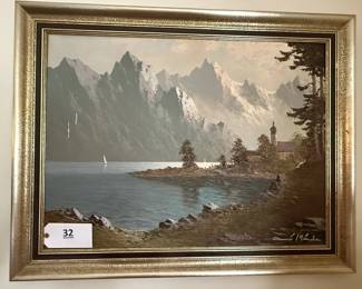 Oil Painting Depicts a German Alpine Landscape - Some Peeling - 36" x 28 1/2"