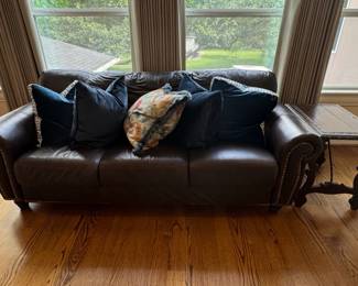 Dark Brown Leather Sofa with Nailhead Trim