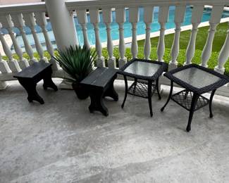 Set of two Wicker Patio Side Tables with Glass Tops and two Distressed Wooden Stools