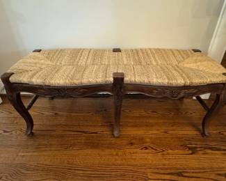 French Country Style Carved Mahogany Rush Seat Bench