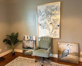 Estate Sale Chinoiserie Tree Print, Heron Canvas Art, Architectural Canvas Art, and Sage Green Task Chair Assortment