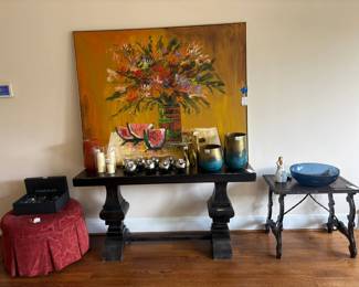 Large Still Life Oil Painting Floral Bouquet and Watermelon