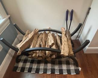 Curved Metal Log Holder with Fireplace Tools and Buffalo Check Rug