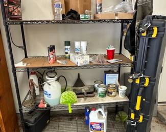 Assorted Household and Workshop Supplies on Wire Shelving Unit