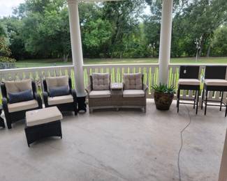 Wicker Patio Conversation Set with Integrated Table and Bar Stools