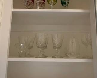 Assorted Cut Crystal Colored Rim Wine Glasses and Goblets