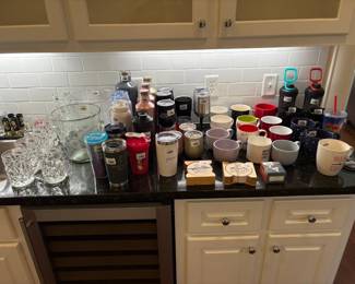 Assorted Drinkware Collection Insulated Tumblers, Ceramic Mugs, and Glassware with Coasters