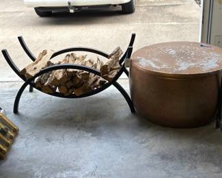 Hammered Copper Drum Coffee Table and Curved Metal Firewood Rack