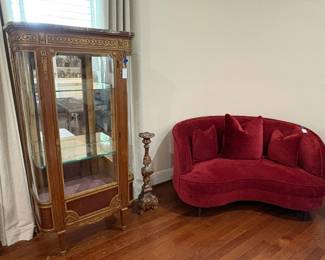 French Louis XV Style Vitrine and Curved Velvet Settee