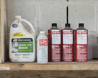 Assorted Garage Maintenance Chemicals Clorox Cleaner, Sea Foam Motor Treatment, Craftsman Cycle Fuel