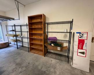 Estate Garage Storage Lot Pine Bookcase, Wire Shelving, and Christmas Tree