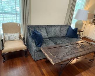 Traditional Blue Damask Sofa with Carved Door Coffee Table and Accent Chair