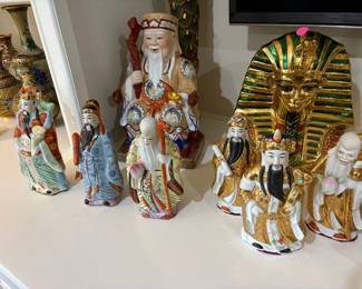Chinese Porcelain Fu Lu Shou Figurine Set with Egyptian Pharaoh Bust