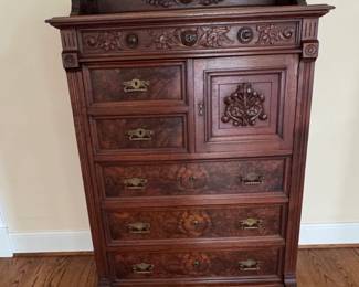 Victorian Walnut Burl Eastlake Style Chest of Drawers with Cabinet