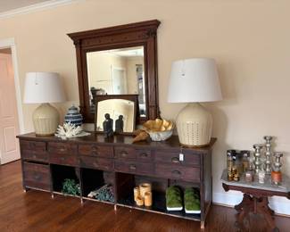 Vintage ApothecaryStyle Console with Mirror and Ceramic Lamps