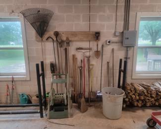 Collection of Vintage Garden Tools and Ames Hose Reel Cart