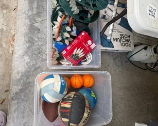 Estate Sale Assorted Sports Equipment and Holiday Lighting Lot with Pool Vacuum Hose