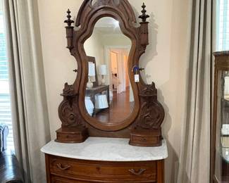 Victorian Rococo Revival Walnut MarbleTop Dresser with Mirror
