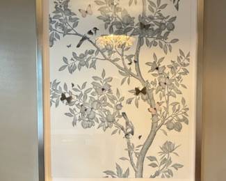 Framed Chinoiserie Botanical Print with Birds and Butterflies