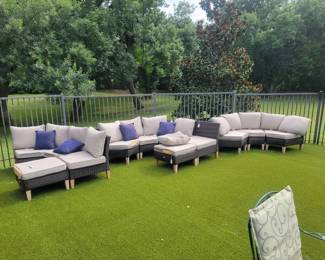 PHI VILLA Brown Rattan Wicker Seat Piece Steel Outdoor Patio Conversation Set with Beige Cushions