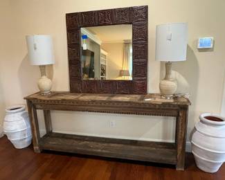 Rustic Reclaimed Wood Console Table with Tin Tile Mirror
