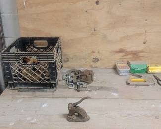 Vintage Cast Iron Notary Seal Embosser and Assorted Garage Tools with Milk Crate