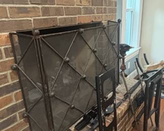Ornate Metal Fireplace Screen and Andirons Set