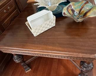 Antique Carved Oak Dining Table with Draw Leaf